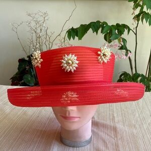 Elegant Red Women's Hat with Pearl Floral Embellishments